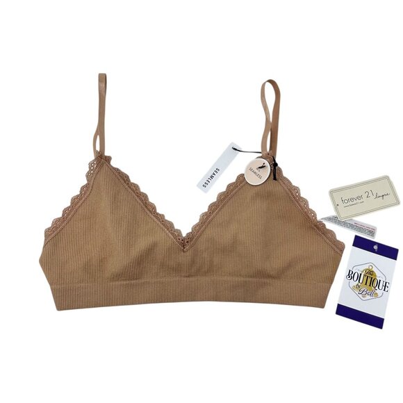 Forever 21 M/L Taupe Ribbed Seamless Bralette Lace Wireless Adjustable Straps - Picture 1 of 12